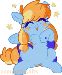 Size: 715x868 | Tagged: safe, artist:computershits, derpibooru import, oc, oc:aurelia coe, unofficial characters only, earth pony, pony, blue fur, blushing, bow, chest fluff, derpibooru exclusive, ear fluff, female, freckles, happy, hoof heart, image, orange mane, pigtails, png, raised hoof, signature, simple background, sitting, smiling, solo, stars, tail, tail bow, transparent background, twintails