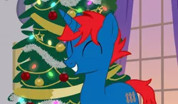 Size: 1096x642 | Tagged: safe, artist:ry-bluepony1, artist:tocyabases, derpibooru import, oc, oc:train track, unicorn, base used, baubles, christmas, christmas lights, christmas tree, cutie mark, eyes closed, hearth's warming eve, holiday, horn, image, jpeg, show accurate, smiling, tail, tinsel, tree, window