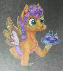 Size: 3024x3410 | Tagged: safe, artist:pony-from-everfree, derpibooru import, sunny starscout, earth pony, pony, my little pony: a new generation, ball, black background, black paper, chest fluff, colored pencil drawing, colored pencils, coloured pencil, cupcake, female, filly, food, furry, g5, image, jpeg, ponytail, simple background, solo, tennis ball, traditional art, tray, unicorn cupcake, wings