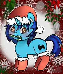 Size: 1024x1200 | Tagged: safe, artist:anykoe, derpibooru import, oc, oc:dial liyon, pony, unicorn, animated, candy, christmas, clothes, costume, food, gamer, gif, hat, holiday, image, mouth hold, santa costume, santa hat, solo