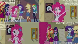 Size: 1280x720 | Tagged: safe, derpibooru import, edit, edited screencap, editor:quoterific, screencap, applejack, fluttershy, pinkie pie, rainbow dash, rarity, sci-twi, sunset shimmer, twilight sparkle, equestria girls, equestria girls series, fluttershy's butterflies, applejack's hat, armpits, belt, bowtie, bracelet, canterlot high, clothes, cowboy hat, crossed arms, cutie mark, cutie mark on clothes, denim skirt, female, geode of empathy, geode of shielding, geode of sugar bombs, geode of super speed, geode of super strength, geode of telekinesis, glasses, hand on hip, hat, high heels, hoodie, humane five, humane seven, humane six, image, jacket, jewelry, leather, leather jacket, magical geodes, necklace, open mouth, open smile, png, ponytail, rarity peplum dress, shoes, skirt, smiling, tanktop
