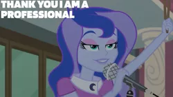 Size: 1280x720 | Tagged: safe, derpibooru import, edit, edited screencap, editor:quoterific, screencap, princess luna, equestria girls, friendship games, canterlot high, female, friendship games bloopers, image, jpeg, microphone, smiling, solo, vice principal luna