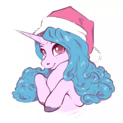 Size: 1024x1024 | Tagged: safe, artist:28gooddays, derpibooru import, izzy moonbow, pony, unicorn, bust, christmas, g5, hat, holiday, image, png, portrait, santa hat, smiling, solo