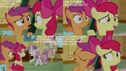 Size: 1280x720 | Tagged: safe, derpibooru import, edit, edited screencap, editor:quoterific, screencap, apple bloom, scootaloo, sweetie belle, earth pony, pegasus, pony, unicorn, growing up is hard to do, season 9, spoiler:s09, apple bloom's bow, bag, bow, clubhouse, crusaders clubhouse, cutie mark crusaders, eyes closed, female, filly, hair bow, image, jpeg, open mouth, open smile, saddle bag, shrunken pupils, smiling