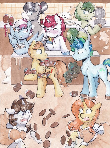 Size: 4901x6607 | Tagged: safe, artist:lightisanasshole, derpibooru import, oc, oc:dorm pony, oc:steam loco, oc:stjonal, oc:stroopwafeltje, oc:waffles, unofficial characters only, android, earth pony, pegasus, pony, robot, unicorn, background, bowl, clothes, colored hooves, cooking, dress, falling, floor, flour, food, group, image, jpeg, kitchen, levitation, magic, maid, messy, nervous sweat, netherlands, plate, ponycon holland, ribbon, spatula, stacking, surprised, sweat, sweatdrop, telekinesis, traditional art, tripping, waffle, watercolor painting, whistle