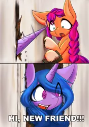 Size: 2867x4096 | Tagged: safe, artist:zemlya, derpibooru import, izzy moonbow, sunny starscout, earth pony, pony, unicorn, my little pony: a new generation, comic, dialogue, g5, here's johnny, image, jpeg, parody, scared, smiling, the shining, wide eyes