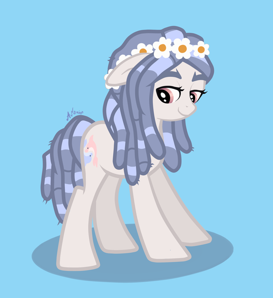 Size: 2200x2400 | Tagged: safe, artist:avonir, derpibooru import, oc, unofficial characters only, earth pony, pony, blue background, dreadlocks, eyelashes, female, floral head wreath, flower, image, mare, png, signature, simple background, solo