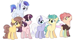 Size: 2500x1348 | Tagged: safe, artist:enifersuch, derpibooru import, oc, unofficial characters only, draconequus, earth pony, pegasus, pony, unicorn, draconequus oc, earth pony oc, eyelashes, female, flying, group, hoof on chest, horn, image, mare, pegasus oc, png, simple background, smiling, transparent background, unicorn oc, wings