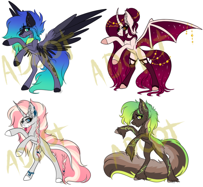 Size: 3492x3224 | Tagged: safe, artist:beamybutt, derpibooru import, oc, unofficial characters only, alicorn, bat pony, bat pony alicorn, earth pony, pegasus, pony, unicorn, base used, bat pony oc, bat wings, ear fluff, earth pony oc, horn, image, pegasus oc, png, rearing, simple background, transparent background, unicorn oc, wings