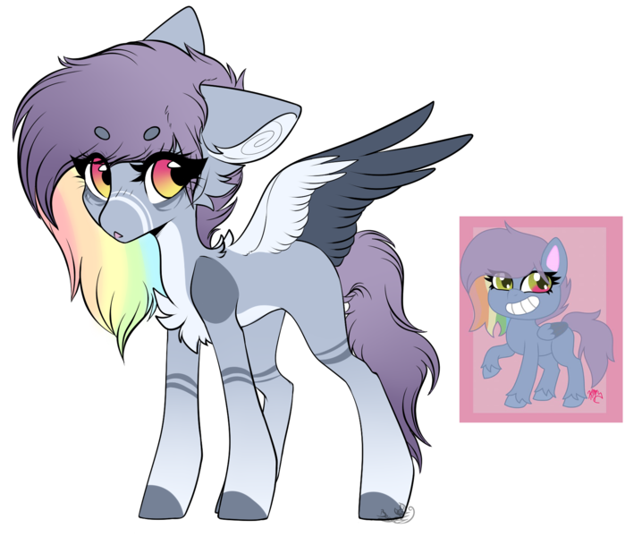 Size: 1755x1467 | Tagged: safe, artist:beamybutt, derpibooru import, oc, unofficial characters only, pegasus, pony, my little pony: pony life, base used, chest fluff, colored wings, duo, eyelashes, grin, heterochromia, image, multicolored hair, pegasus oc, png, rainbow hair, raised hoof, simple background, smiling, transparent background, two toned wings, wings