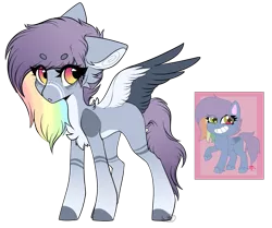 Size: 1755x1467 | Tagged: safe, artist:beamybutt, derpibooru import, oc, unofficial characters only, pegasus, pony, my little pony: pony life, base used, chest fluff, colored wings, duo, eyelashes, grin, heterochromia, image, multicolored hair, pegasus oc, png, rainbow hair, raised hoof, simple background, smiling, transparent background, two toned wings, wings