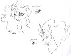 Size: 1994x1584 | Tagged: safe, artist:ask-y, derpibooru import, oc, unofficial characters only, hybrid, pony, unicorn, angler seapony, bust, duo, eyelashes, fangs, horn, image, interspecies offspring, jpeg, male, offspring, parent:discord, parent:princess celestia, parent:princess luna, parent:scorpan, parents:lunacord, smiling, stallion, traditional art, unicorn oc