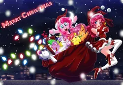 Size: 5082x3500 | Tagged: safe, artist:mauroz, derpibooru import, apple bloom, pinkie pie, rarity, scootaloo, spike, sweetie belle, dragon, earth pony, human, pegasus, pony, unicorn, anime, bag, christmas, clothes, costume, cutie mark crusaders, female, hat, heart eyes, high heels, holiday, human ponidox, humanized, image, implied shipping, implied sparity, implied straight, male, mare, plushie, png, sack, santa claus, santa costume, santa hat, self paradox, self ponidox, shoes, snow, socks, stockings, thigh highs, wingding eyes