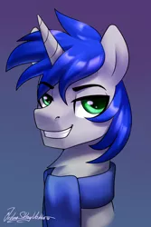 Size: 2000x3000 | Tagged: oc name needed, safe, artist:jedayskayvoker, derpibooru import, oc, pony, unicorn, bust, clothes, evil grin, gradient background, grin, horn, icon, image, male, png, portrait, scarf, smiling, solo, stallion, unicorn oc