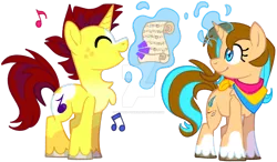 Size: 1280x748 | Tagged: safe, artist:rohans-ponies, derpibooru import, oc, oc:jolly tunes, oc:quill, unofficial characters only, pony, unicorn, deviantart watermark, female, image, magic, mare, music notes, obtrusive watermark, png, simple background, transparent background, watermark