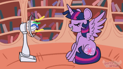 Size: 2000x1125 | Tagged: safe, artist:partylikeanartist, derpibooru import, twilight sparkle, twilight sparkle (alicorn), alicorn, pony, animated, cute, eyebrows, eyebrows visible through hair, eyes closed, fan, female, gif, golden oaks library, horn, image, library, loop, loss (meme), mare, multicolored mane, multicolored tail, open mouth, sitting, smiling, solo, spread wings, tail, twiabetes, watermark, wind, wings