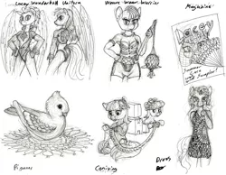 Size: 1200x931 | Tagged: suggestive, artist:sepiakeys, derpibooru import, coco pommel, rainbow dash, rarity, suri polomare, anthro, bird, pigeon, pony, clothes, image, lace, mace, monochrome, png, shorts, sketch, traditional art, uniform, weapon, wonderbolts uniform