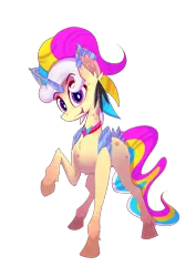 Size: 935x1323 | Tagged: safe, artist:calena, derpibooru import, oc, oc:trinity deblanc (new), unofficial characters only, unicorn, derpibooru community collaboration, 2022 community collab, crystal, crystal horn, ear fluff, ear piercing, grin, horn, image, jewelry, looking at you, multicolored mane, piercing, png, simple background, smiling, style emulation, transparent background