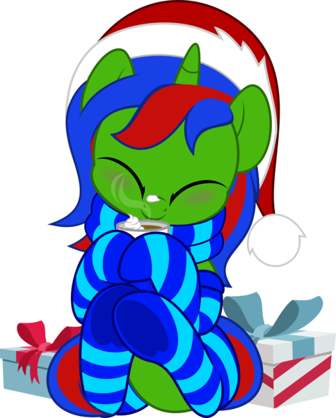 Size: 4021x5000 | Tagged: safe, artist:jhayarr23, derpibooru import, oc, oc:christian clefnote, unofficial characters only, pony, unicorn, chocolate, christmas, clothes, commission, cute, eyes closed, food, hat, holiday, horn, hot chocolate, image, male, mug, png, present, santa hat, scarf, simple background, sitting, smiling, socks, solo, stallion, striped socks, transparent background, unicorn oc, ych result