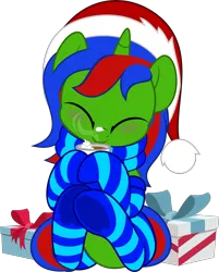 Size: 4021x5000 | Tagged: safe, artist:jhayarr23, derpibooru import, oc, oc:christian clefnote, unofficial characters only, pony, unicorn, chocolate, christmas, clothes, commission, cute, eyes closed, food, hat, holiday, horn, hot chocolate, image, male, mug, png, present, santa hat, scarf, simple background, sitting, smiling, socks, solo, stallion, striped socks, transparent background, unicorn oc, ych result