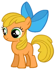 Size: 263x331 | Tagged: safe, derpibooru import, apple bloom, applejack (g1), earth pony, pony, apple bloom's bow, bow, female, filly, full body, green eyes, hair bow, image, png, recolor, simple background, smiling, solo, standing, tail, transparent background, yellow mane, yellow tail