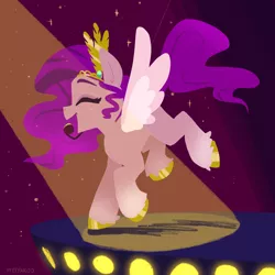 Size: 2048x2048 | Tagged: safe, artist:pfeffaroo, derpibooru import, pipp petals, pegasus, pony, eyes closed, g5, image, microphone, png, smiling, solo, spotlight, stage