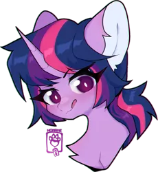 Size: 1199x1301 | Tagged: safe, artist:murm-i, derpibooru import, twilight sparkle, pony, unicorn, blushing, bust, chest fluff, collaboration, collaboration:too many twilight, ear fluff, female, image, mare, png, portrait, simple background, solo, tongue out, transparent background