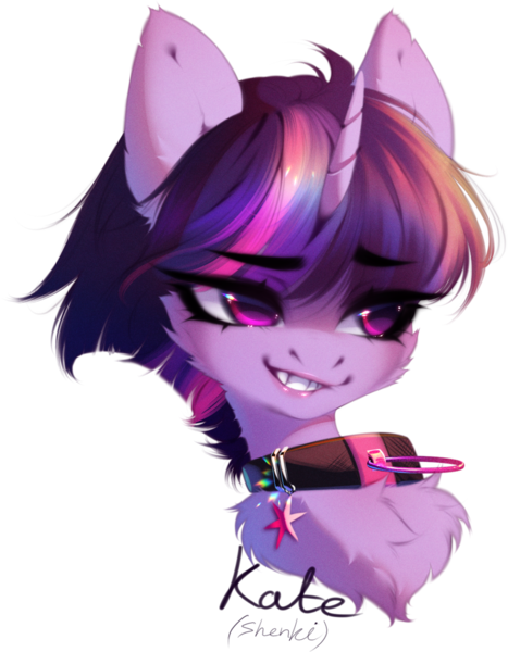 Size: 1065x1368 | Tagged: safe, artist:tomness, derpibooru import, twilight sparkle, pony, unicorn, bust, collaboration, collaboration:too many twilight, collar, fangs, female, image, mare, png, portrait, simple background, transparent background