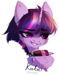 Size: 1065x1368 | Tagged: safe, artist:tomness, derpibooru import, twilight sparkle, pony, unicorn, bust, collaboration, collaboration:too many twilight, collar, fangs, female, image, mare, png, portrait, simple background, transparent background