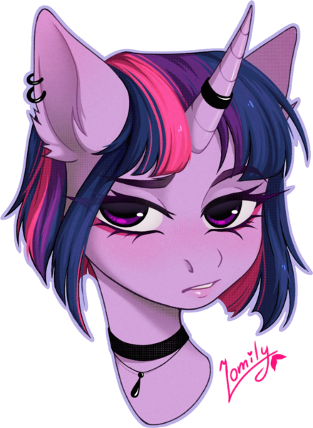 Size: 1055x1441 | Tagged: safe, artist:lomilykohi, derpibooru import, twilight sparkle, pony, unicorn, bust, choker, collaboration, collaboration:too many twilight, ear fluff, ear piercing, earring, female, image, jewelry, looking at you, mare, necklace, piercing, png, portrait, simple background, solo, transparent background