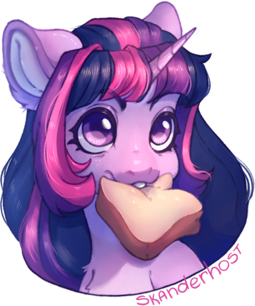 Size: 1050x1259 | Tagged: safe, artist:skanderhost, derpibooru import, twilight sparkle, pony, unicorn, bread, bust, collaboration, collaboration:too many twilight, female, food, image, mare, mouth hold, png, portrait, simple background, solo, transparent background