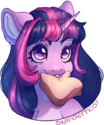 Size: 1050x1259 | Tagged: safe, artist:skanderhost, derpibooru import, twilight sparkle, pony, unicorn, bread, bust, collaboration, collaboration:too many twilight, female, food, image, mare, mouth hold, png, portrait, simple background, solo, transparent background