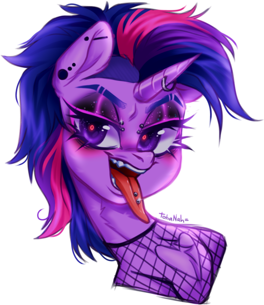 Size: 1109x1279 | Tagged: safe, artist:tohanah, derpibooru import, twilight sparkle, pony, unicorn, alternate hairstyle, bust, collaboration, collaboration:too many twilight, ear piercing, earring, eyeshadow, female, fishnet clothing, image, industrial piercing, jewelry, looking at you, makeup, mare, open mouth, piercing, png, portrait, punklight sparkle, simple background, solo, tongue out, tongue piercing, transparent background