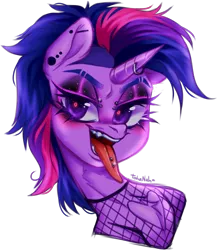 Size: 1109x1279 | Tagged: safe, artist:tohanah, derpibooru import, twilight sparkle, pony, unicorn, alternate hairstyle, bust, collaboration, collaboration:too many twilight, ear piercing, earring, eyeshadow, female, fishnet clothing, image, industrial piercing, jewelry, looking at you, makeup, mare, open mouth, piercing, png, portrait, punklight sparkle, simple background, solo, tongue out, tongue piercing, transparent background