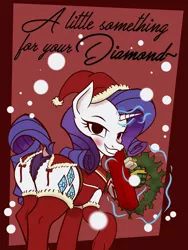 Size: 1485x1980 | Tagged: suggestive, artist:thehuskylord, derpibooru import, edit, rarity, animated, butt, christmas, christmas wreath, clothes, costume, cutie mark, dock, dot eyes, garland, hat, holiday, image, looking at you, looking back, looking back at you, panties, plot, png, poster, present, santa costume, santa hat, smiling, smiling at you, socks, stockings, tail, text, thigh highs, underwear, wreath