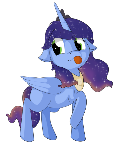 Size: 1230x1509 | Tagged: safe, artist:soccy, derpibooru import, oc, oc:emerging dawn, unofficial characters only, alicorn, pony, derpibooru community collaboration, 2022 community collab, :p, ethereal mane, female, filly, galaxy mane, image, luna's crown, magical lesbian spawn, offspring, parent:princess celestia, parent:princess luna, parents:princest, png, product of incest, raised leg, standing, tongue out