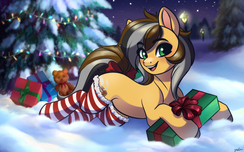 Size: 2560x1600 | Tagged: safe, artist:faline-art, derpibooru import, oc, oc:steaming stove, unofficial characters only, earth pony, pony, christmas, christmas tree, female, happy, holiday, image, mare, png, present, snow, solo, tree, winter