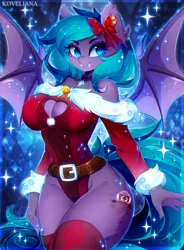 Size: 2200x2995 | Tagged: suggestive, artist:koveliana, derpibooru import, oc, oc:belfry towers, unofficial characters only, bat pony, bat wings, big breasts, breasts, christmas, cleavage, clothes, commission, costume, fangs, female, holiday, image, jpeg, keyhole shirt, leotard, santa costume, snow, solo, solo female, thighs, wings, ych result