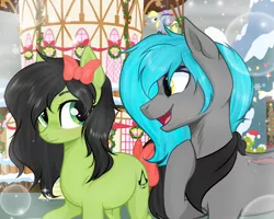 Size: 4096x3276 | Tagged: safe, artist:kim0508, derpibooru import, derpy hooves, oc, oc:emerald blade, oc:sorajona, oc:sorajona darkwing, earth pony, pegasus, pony, bandana, black hair, bowtie, christmas, clothes, cute, decoration, enjoying, green eyes, green fur, grey fur, happy, holiday, hoof on chest, image, kerchief, looking at each other, looking at someone, neckerchief, png, ponyville, scar, scarf, scene hair, smiling, snow, turquoise hair, wingless, winter, yellow eyes
