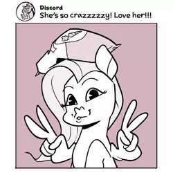 Size: 1968x1968 | Tagged: safe, artist:kylesmeallie, derpibooru import, discord, fluttershy, pegasus, pony, chips, exclamation point, eyelashes, female, food, image, jpeg, male, meta, monochrome, peace sign, selfie, social media, solo, twitter, wing hands, wings