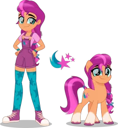 Size: 3698x4000 | Tagged: safe, artist:orin331, derpibooru import, sunny starscout, earth pony, human, pony, equestria girls, accessories, bracelet, braid, clothes, cutie mark, cutie mark on clothes, equestria girls-ified, female, g5, g5 to equestria girls, g5 to g4, high res, human ponidox, image, jewelry, movie accurate, overall shorts, overalls, png, ponytail, self paradox, self ponidox, simple background, smiling, socks, standing, stockings, thigh highs, transparent background