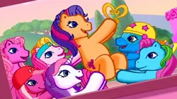 Size: 1280x720 | Tagged: safe, derpibooru import, screencap, cheerilee (g3), pinkie pie (g3), rainbow dash (g3), scootaloo (g3), starbeam, starsong, sweetie belle (g3), toola roola, earth pony, pony, meet the ponies, bow, core seven, cute, female, g3, g3 adorabeam, g3 cheeribetes, g3 cutealoo, g3 dashabetes, g3 diapinkes, g3 diasweetes, group, hair bow, helmet, image, jpeg, mare, open mouth, open smile, picture, roolabetes, scootaloo's outdoor play party, smiling, trophy, winner