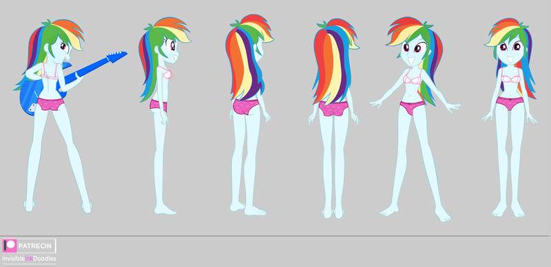 Size: 4176x2027 | Tagged: suggestive, artist:invisibleink, derpibooru import, rainbow dash, equestria girls, absurd resolution, ass, barefoot, bra, butt, clothes, cloud print underwear, electric guitar, feet, female, gray background, grin, guitar, image, magenta underwear, mismatched underwear, model sheets, multeity, musical instrument, open mouth, open smile, panties, png, rainbutt dash, simple background, smiling, solo, solo female, turnaround, underwear, white underwear