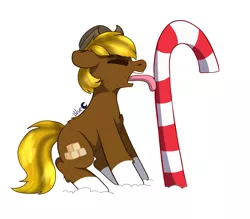 Size: 1640x1439 | Tagged: safe, artist:bluemoon, derpibooru import, oc, oc:acres, earth pony, pony, candy, candy cane, commission, food, image, png, snow, solo, tongue out, tongue stuck to pole, ych result