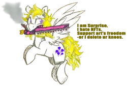 Size: 992x680 | Tagged: safe, artist:c_||_r, artist:modularpon, edit, pegasus, pony, blood, chainsword, flying, image, mouthpiece, png, purple eyes, simple background, smoke, solo, sword, text, transparent background, warhammer (game), warhammer 40k, weapon, white coat, yellow mane