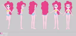 Size: 4170x2009 | Tagged: suggestive, artist:invisibleink, derpibooru import, pinkie pie, equestria girls, ass, balloon print underwear, balloonbutt, blue underwear, bra, butt, clothes, female, frilly underwear, gray background, grin, high res, image, model sheets, multeity, panties, png, simple background, smiling, solo, solo female, standing, standing on one leg, strapless bra, turnaround, underwear, yellow underwear