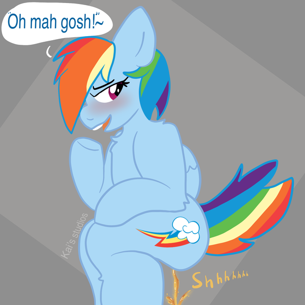 Size: 2000x2000 | Tagged: suggestive, artist:kaifurry, derpibooru import, rainbow dash, pegasus, pony, abstract background, blue fur, blushing, derpibooru exclusive, embarrassed, fetish, high res, image, multicolored mane, multicolored tail, onomatopoeia, pissing, png, solo, sound effects, speech bubble, squatting, stupid sexy rainbow dash, tail, text, the ass was fat, urine, watersports