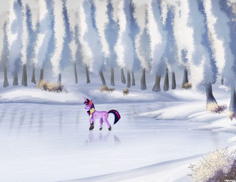 Size: 3250x2500 | Tagged: safe, artist:trotski432, derpibooru import, twilight sparkle, pony, unicorn, bush, christmas, clothes, cutie mark, earmuffs, eyes closed, female, forest, holiday, horn, ice, ice skates, ice skating, image, lake, mare, png, reflection, scarf, snow, solo, tree, unicorn twilight