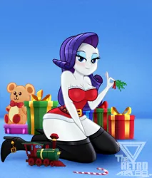 Size: 1370x1607 | Tagged: suggestive, artist:theretroart88, derpibooru import, rarity, equestria girls, bedroom eyes, breasts, busty rarity, candy, candy cane, christmas, clothes, female, food, holiday, image, looking at you, mistletoe, plushie, png, present, smiling, socks, solo, solo female, stupid sexy rarity, teddy bear, thigh highs, toy, train