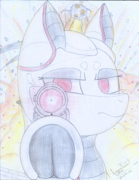 Size: 2544x3296 | Tagged: safe, artist:fliegerfausttop47, derpibooru import, oc, unofficial characters only, original species, plane pony, pony, robot, robot pony, aiming, angry, antennae, artificial intelligence, bronybait, bust, colored pupils, cool, cool guys don't look at explosions, cute, detailed background, explosion, female, female oc, frog (hoof), glow, glowing eyes, gun, image, jpeg, kaboom, lidded eyes, looking at you, mare, mech, mecha, plane, plasma, plasma gun, pointing at you, red eyes, run, serious, serious face, shrapnel, signature, solo, tank (vehicle), this will end in death, this will end in tears, traditional art, turret, underhoof, wall of tags, war, weapon, wings extended, worldbuilding, xenestra corporation